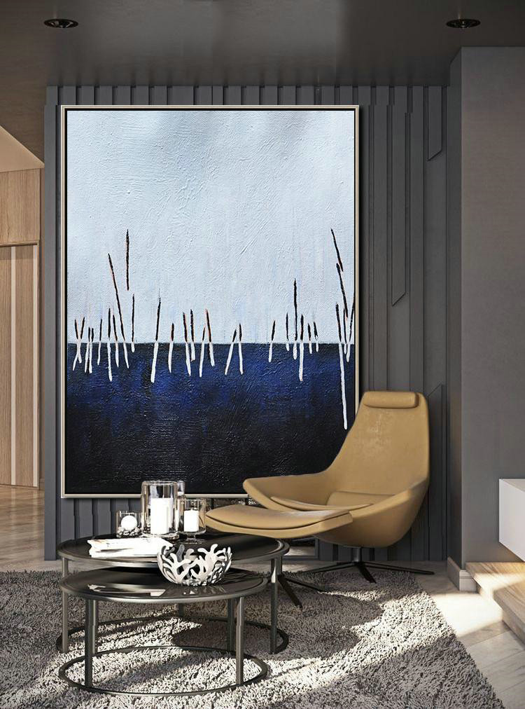 Large Abstract Art,Oversized Abstract Landscape Painting,Big Canvas Painting,White,Dark Blue,Black.etc